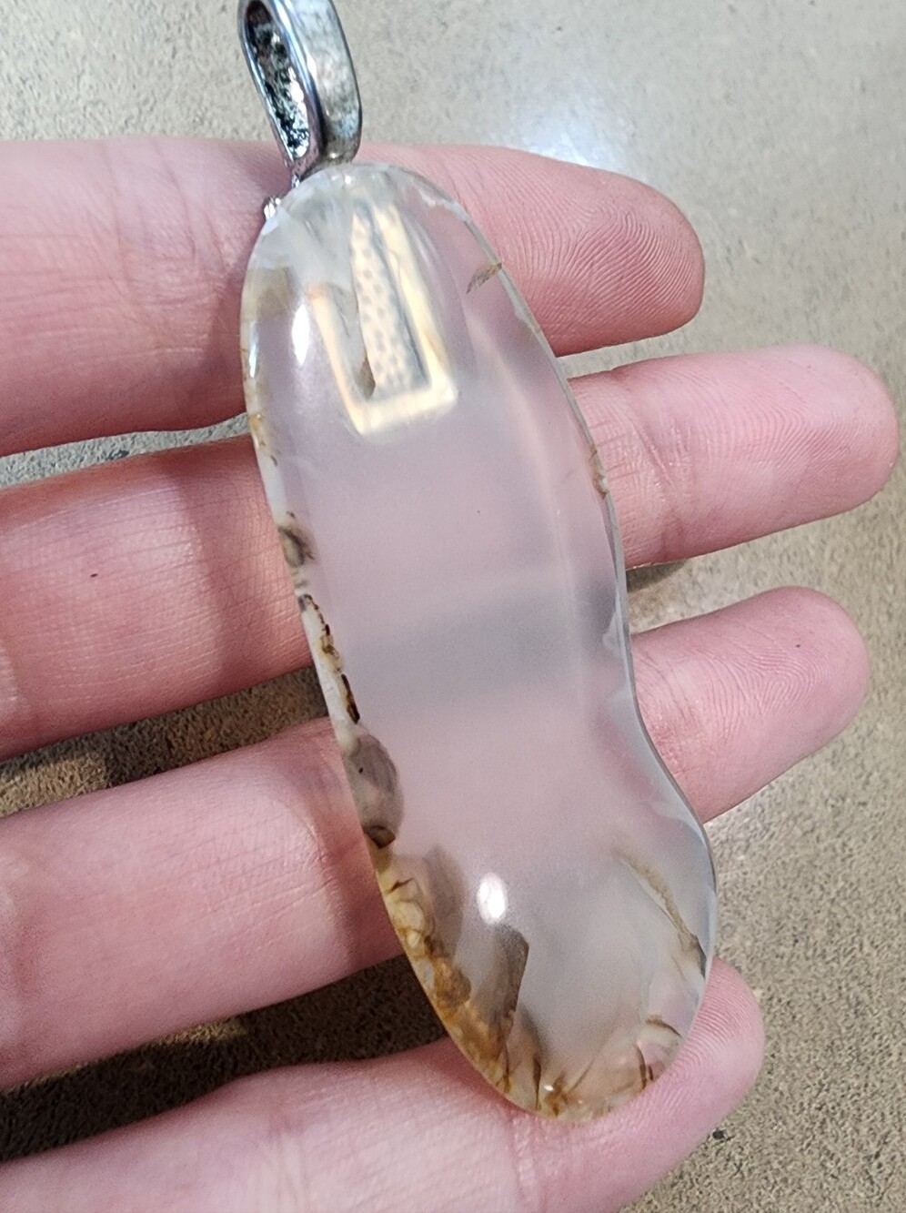 Dainty Translucent Agate Pendant in Soft White with Brown Accents